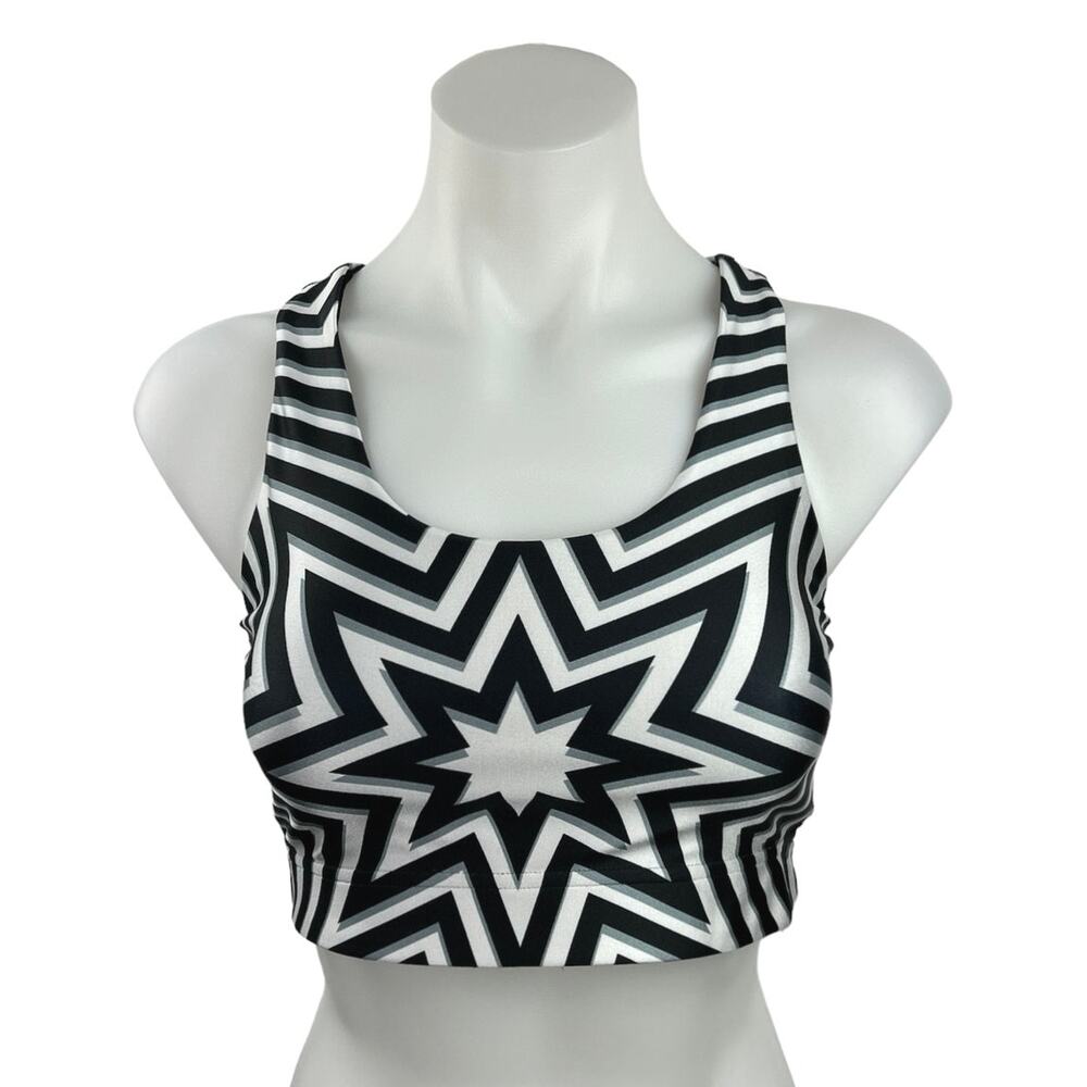 Terez Black White Starburst Print Racerback Activewear Fitness Sports Bra Size S